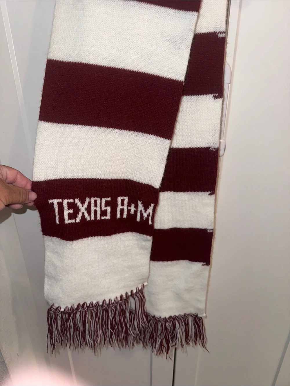 Maroon and White Striped Knit Scarf